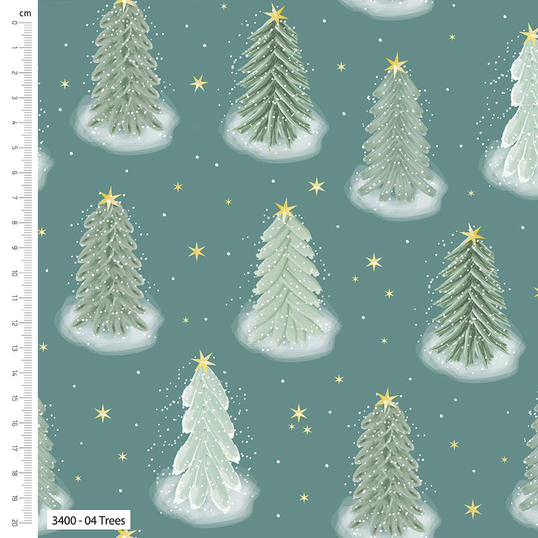 Pattern of Christmas trees with stars on a teal background with a ruler on the side.