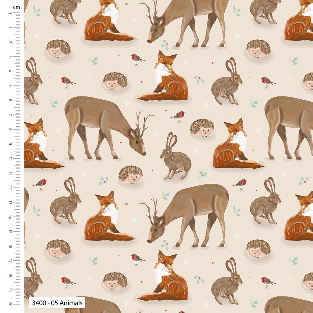 Pattern of various woodland animals on a beige background with a ruler on the left side.