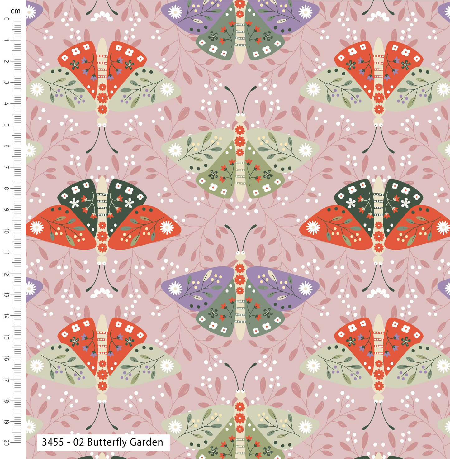 Butterfly pattern fabric with a ruler on the left side on a pink background