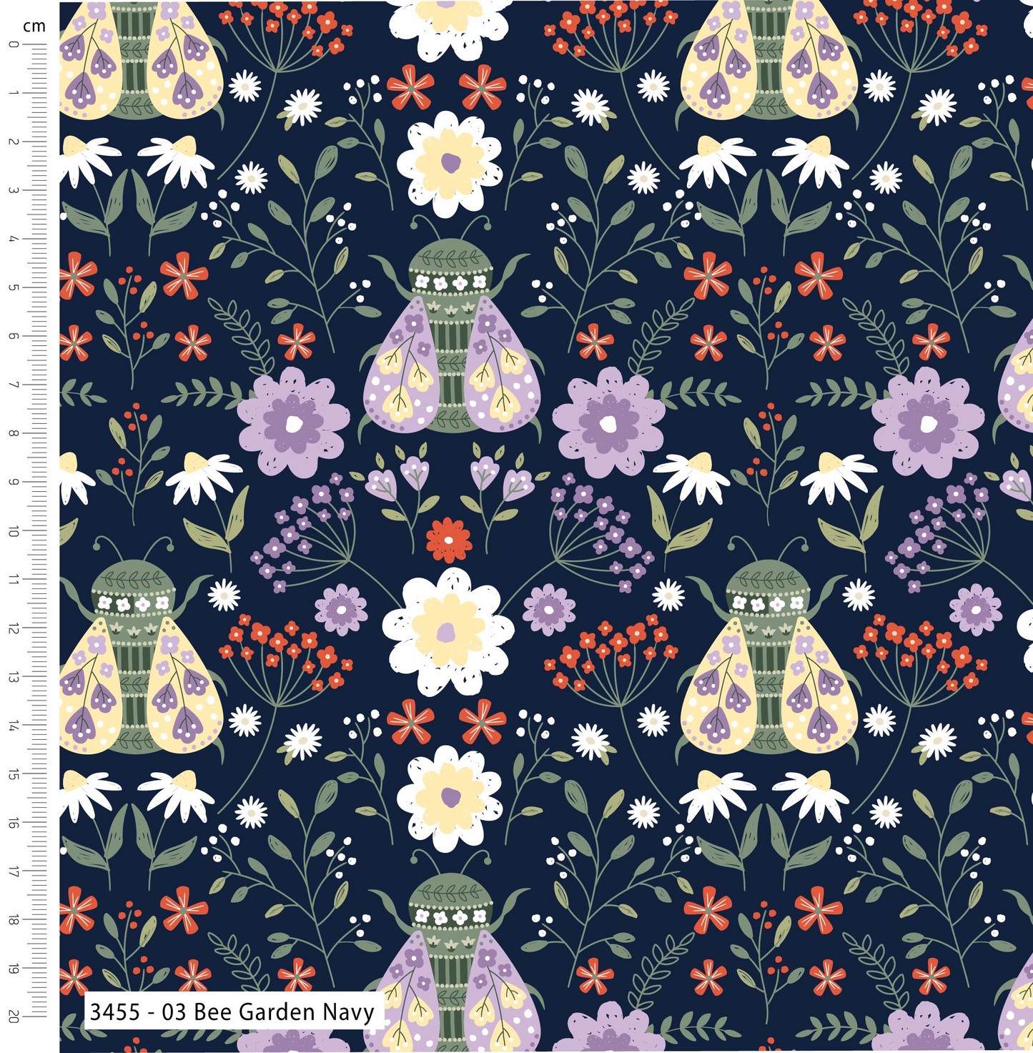 Patterned fabric with bees, flowers, and lanterns on a navy background