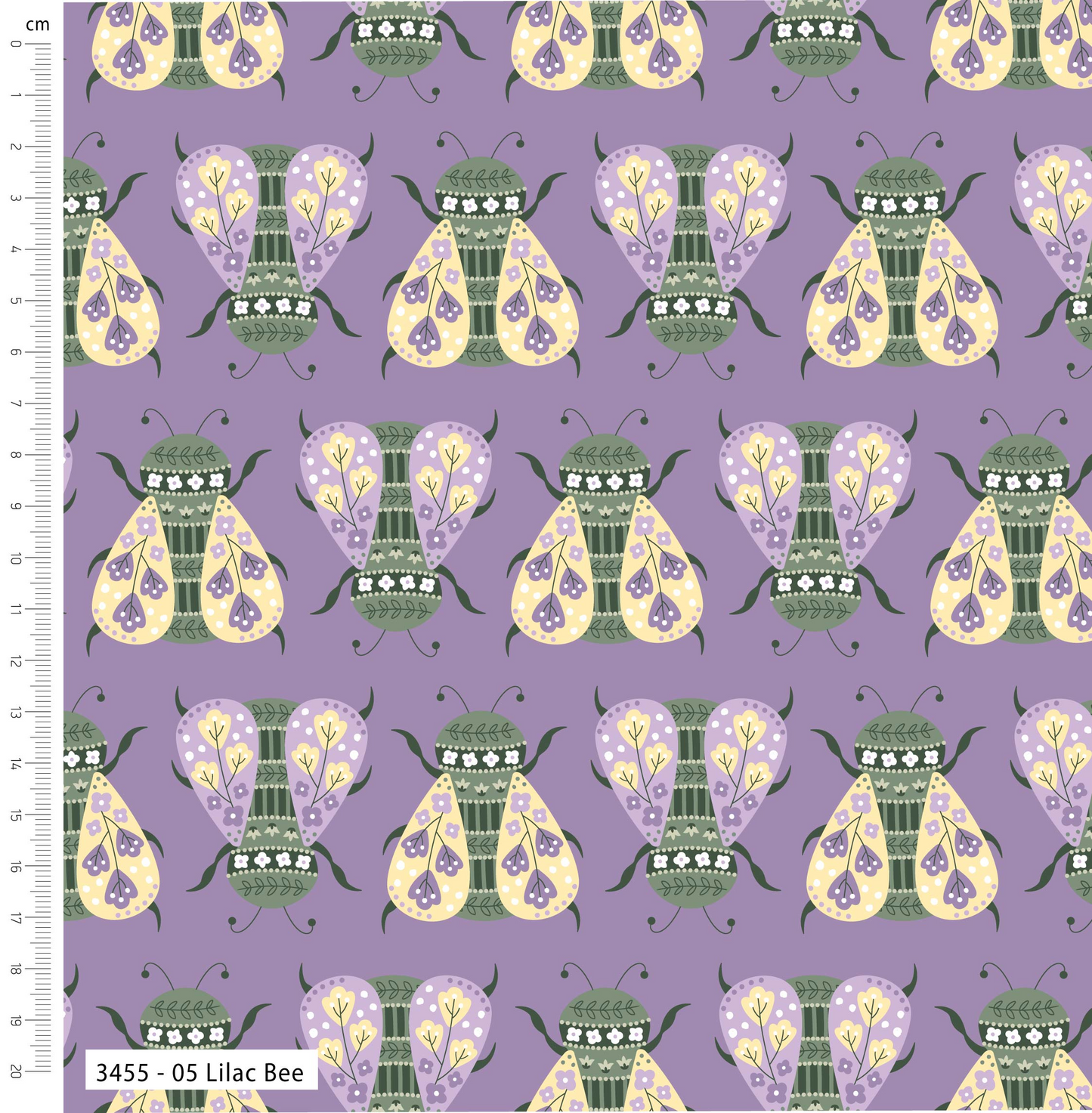 Pattern of stylized bees on a purple background with a ruler for scale.