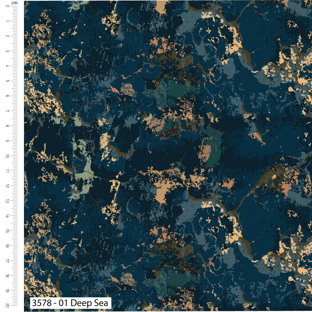 Textile with a deep sea pattern and a ruler on the side