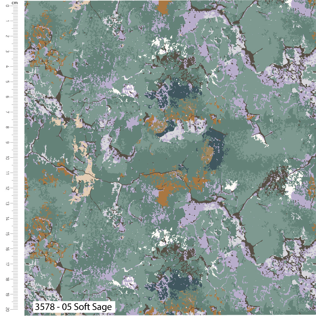 Textile swatch with a pattern of green, purple, and orange on a fabric background.