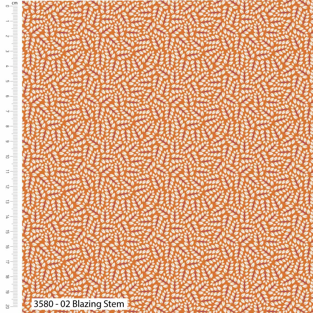 Fabric with orange and white pattern labeled 'Blazing Stem' on a white background