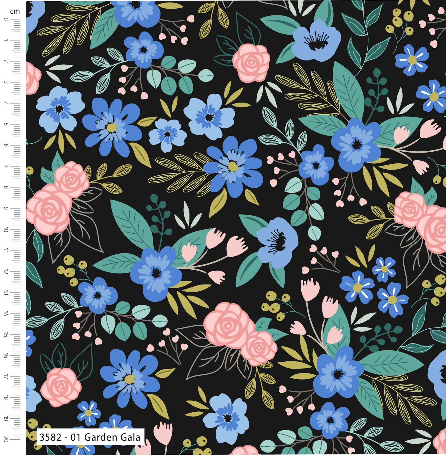 Floral pattern with blue, pink, and green flowers on a black background, with a ruler for scale.