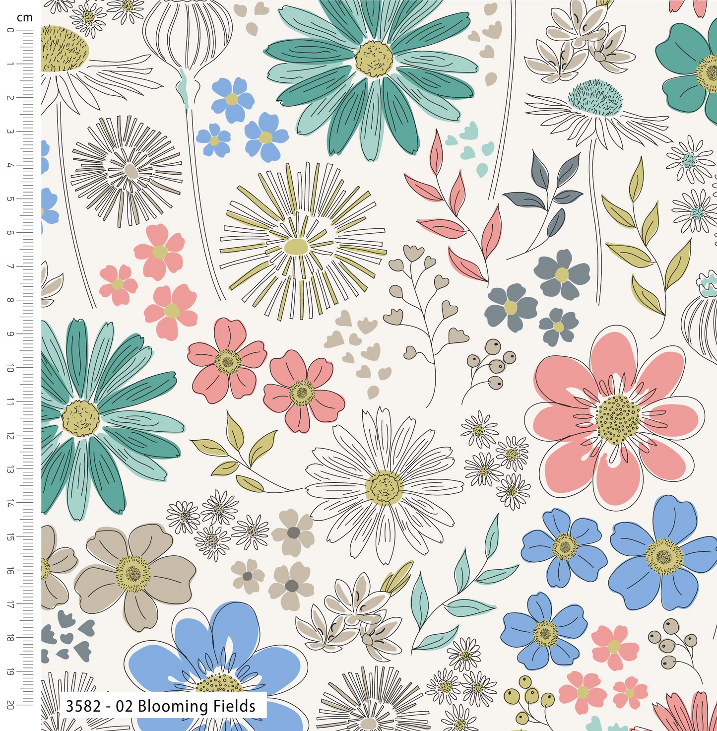 Floral pattern with various flowers on a white background