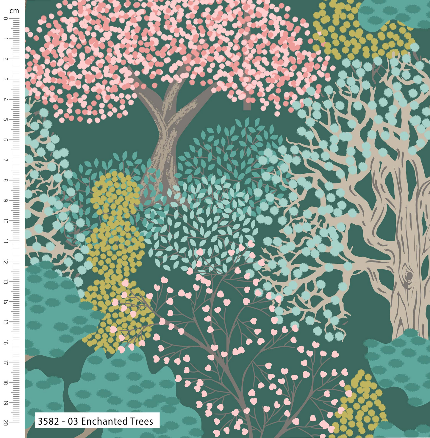 Fabric with a pattern of trees and foliage on a teal background, featuring a ruler for scale.