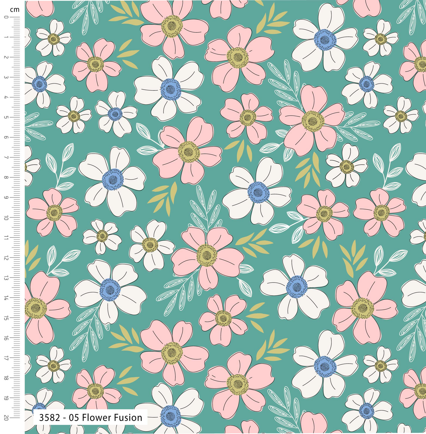 Floral pattern with pink, white, and blue flowers on a teal background