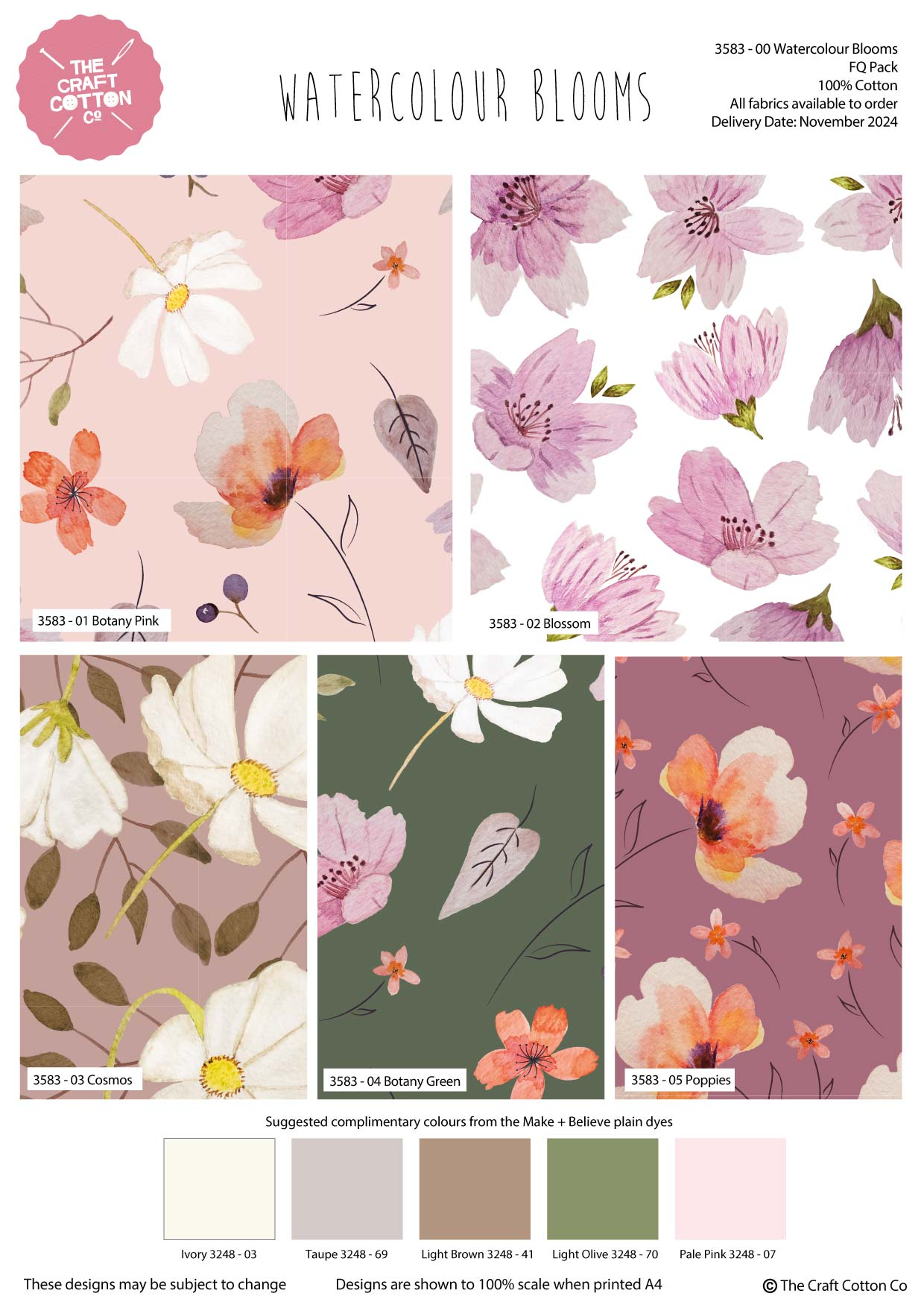 Collection of watercolor floral patterns with color swatches and branding at The Craft Co.