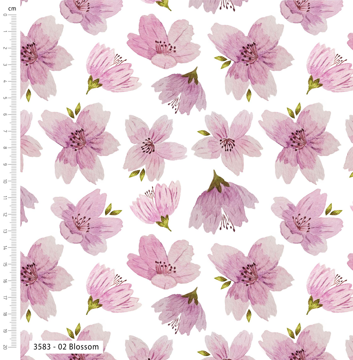 Pattern of pink flowers on a white background with a ruler on the left side.
