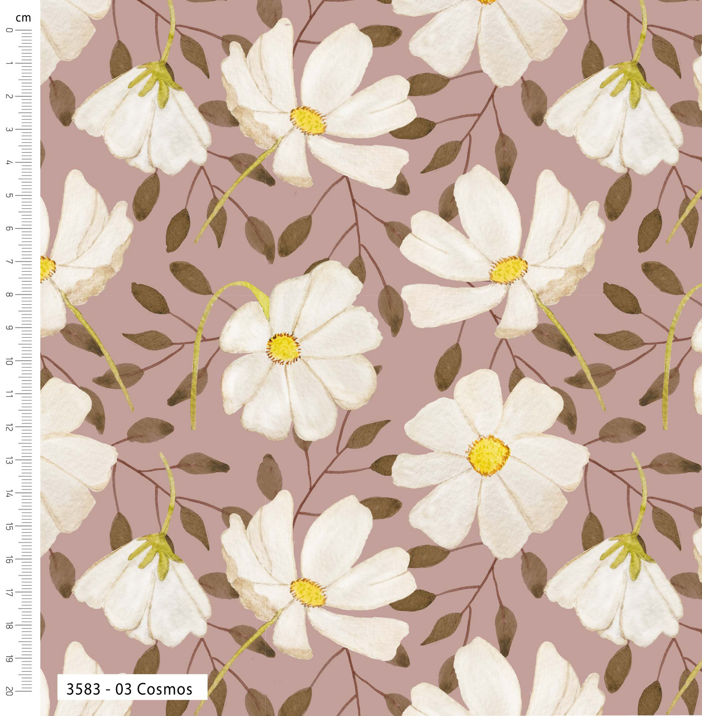 Floral pattern with white flowers and green leaves on a pink background, featuring a ruler for scale.