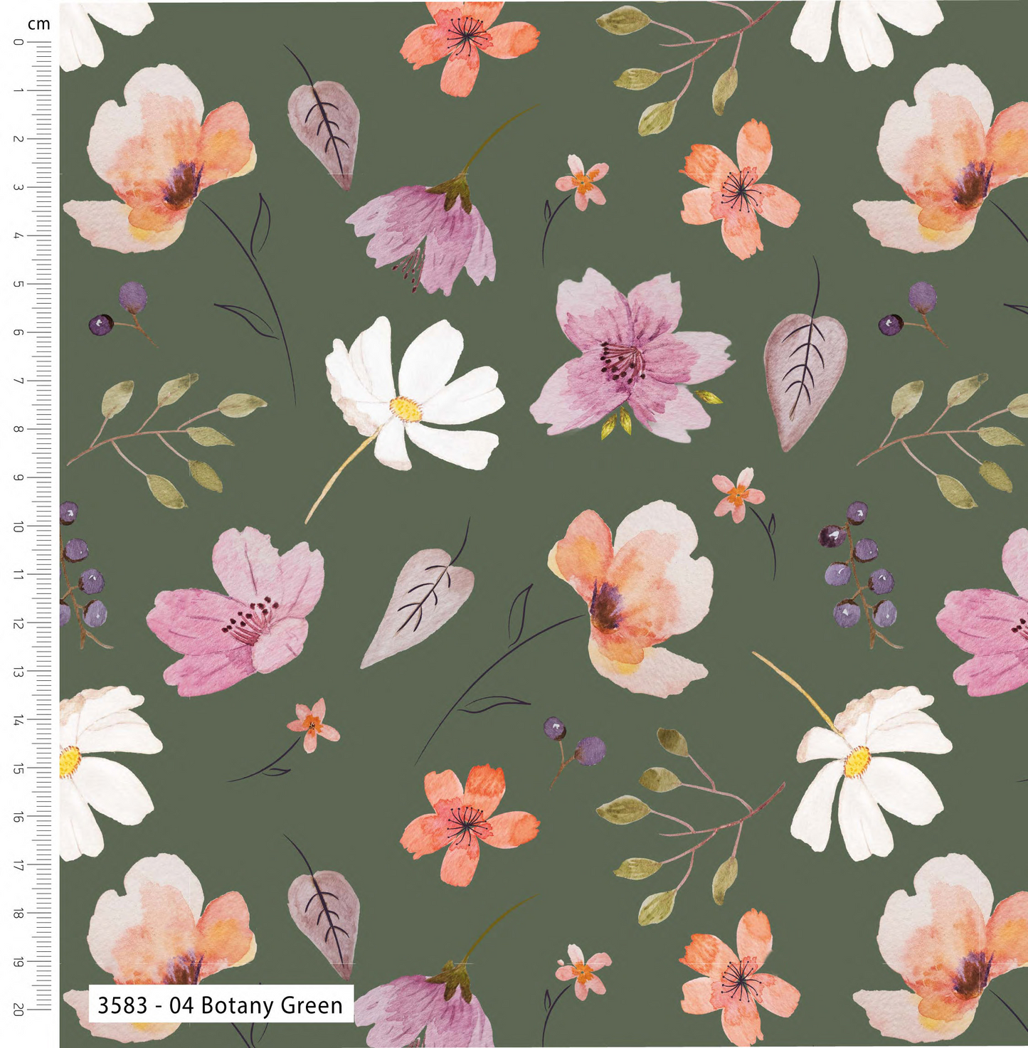 Floral pattern with pink, white, and orange flowers on a green background