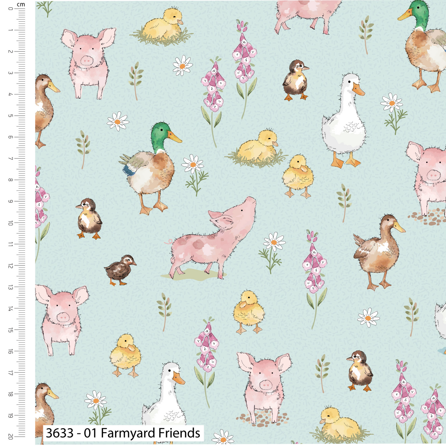 Pattern of farm animals including pigs, ducks, and chickens on a light blue background with flowers.