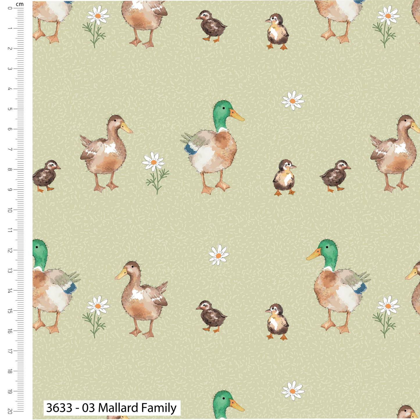 Pattern of mallard ducks and ducklings on a light green background with flowers.