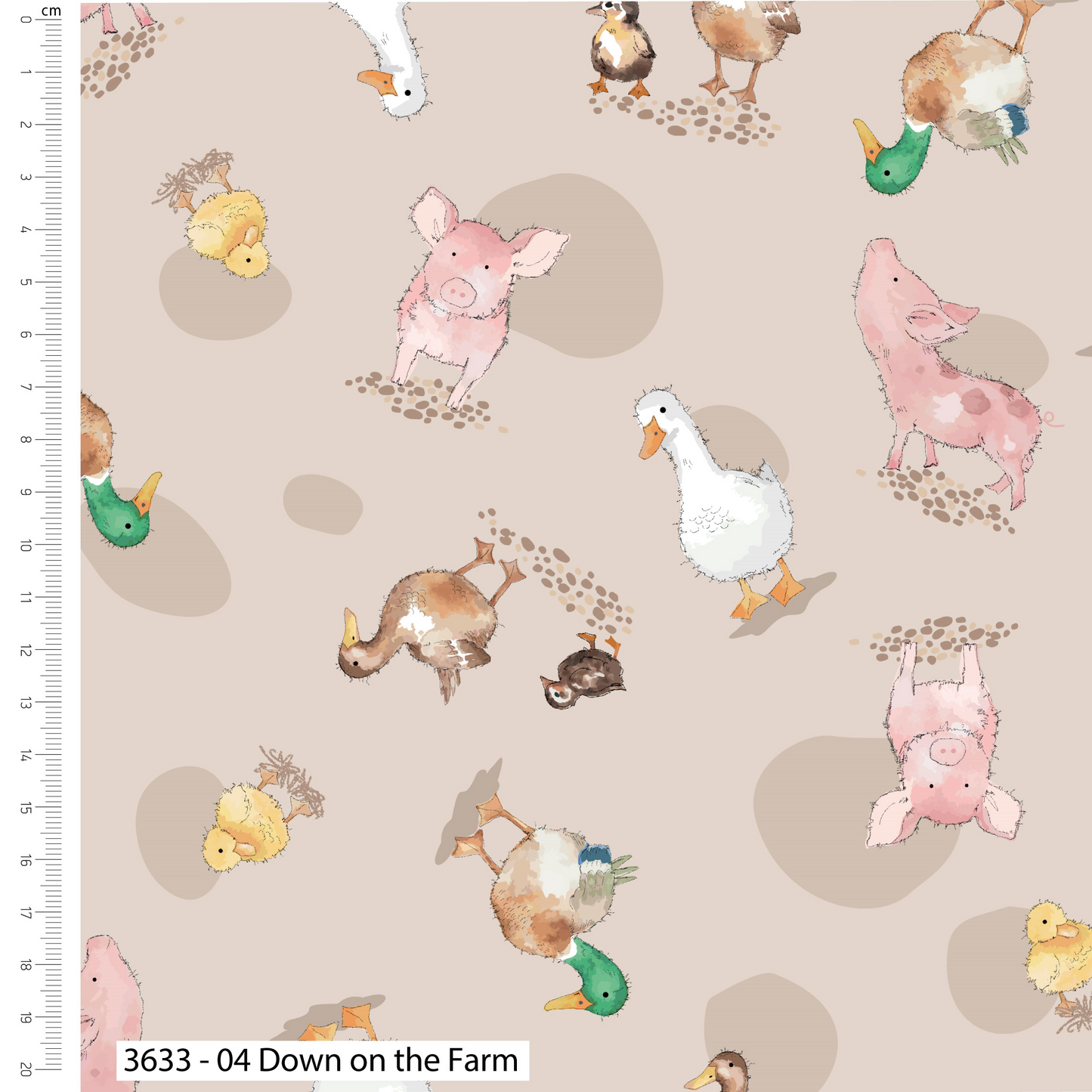 Fabric with farm animal pattern including pigs, ducks, and chickens on a beige background.