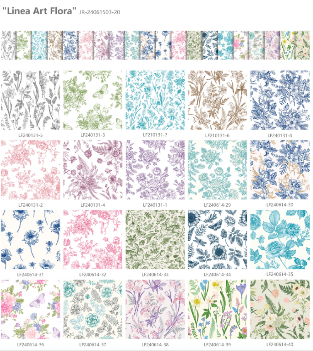Collection of floral pattern swatches labeled 'Linea Art Flora' with a grid layout.