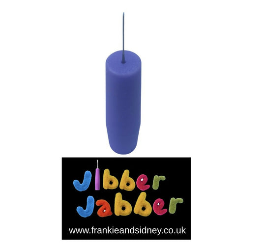 Purple cylindrical foam block with a needle on a white background, featuring the brand 'Jibber Jabber' and a website URL.