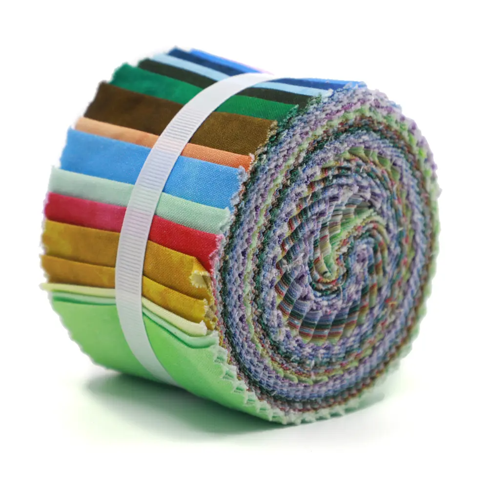 Rolled-up fabric bundle with colorful swatches on a white background