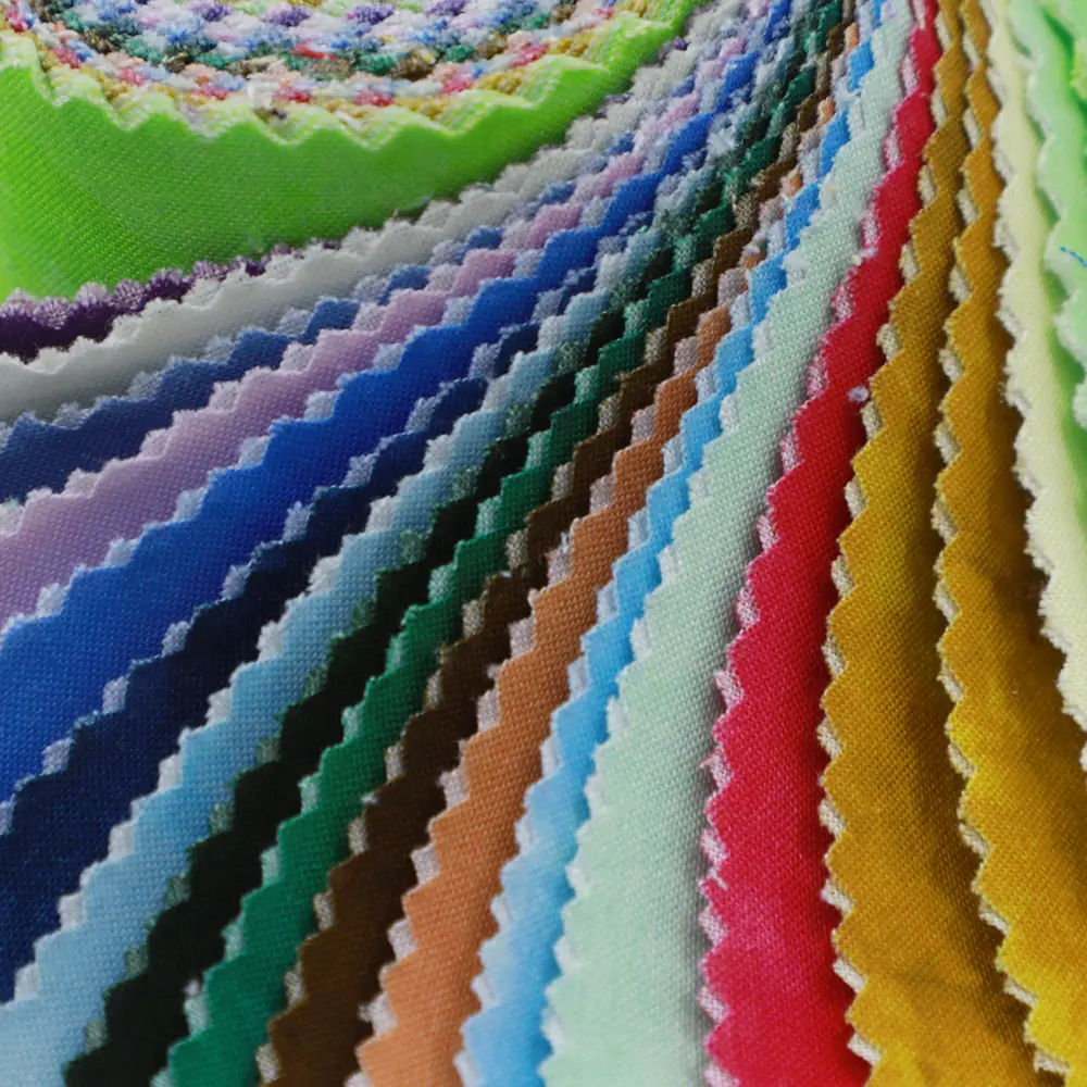 Roll of colorful fabric swatches in various colors.