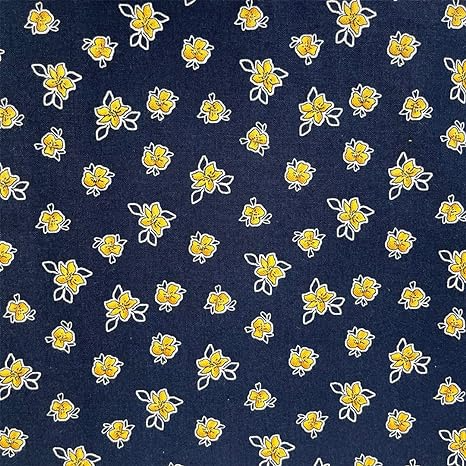 Navy blue fabric with small yellow floral patterns