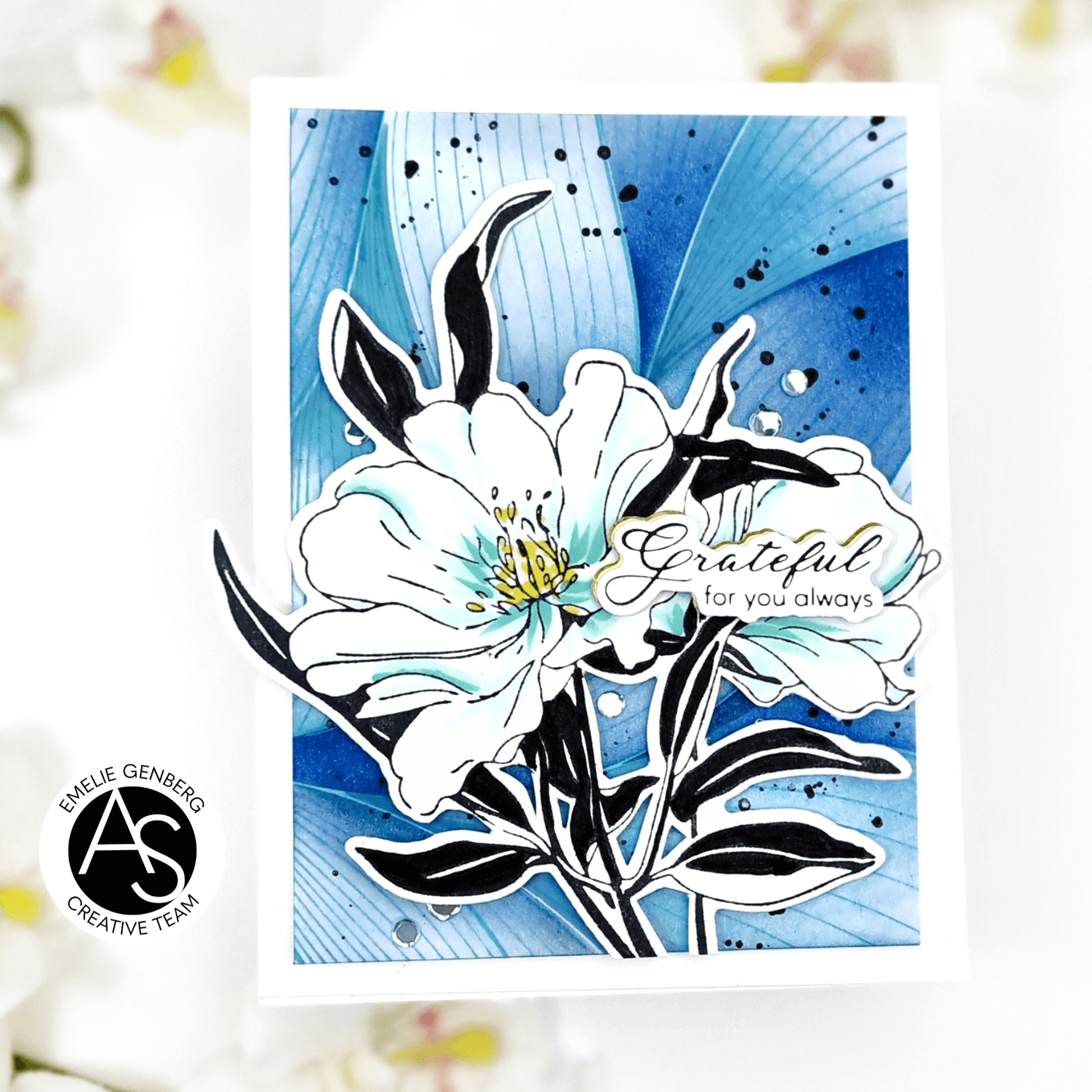 Card with floral design and 'Grateful for you always' text on a blue background