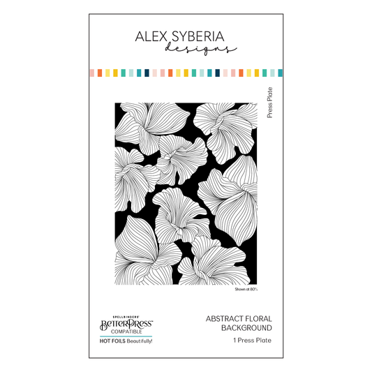 Press plate packaging for abstract floral design by Alex Syberia with brand logos.