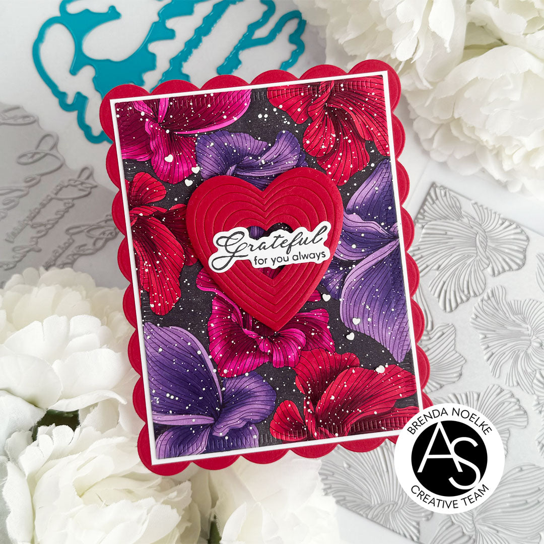 Card with red heart and 'Grateful for you always' text, surrounded by white flowers and floral dies.