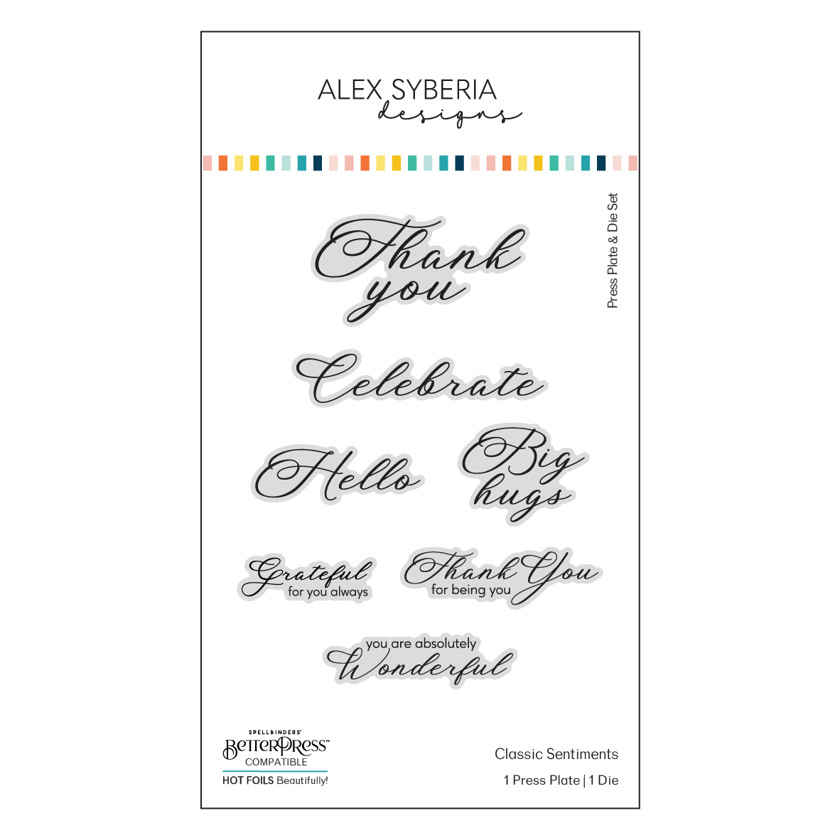 Clear stamp set with various sentiments on a white background, featuring the brand 'Alex Syberia'.