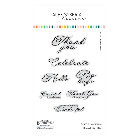 Clear stamp set with various sentiments on a white background, featuring the brand 'Alex Syberia'.