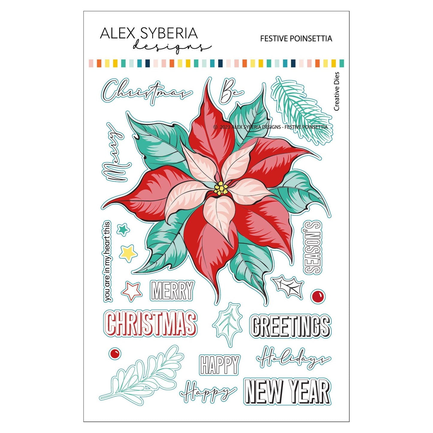 Clear stamp set with festive poinsettia design and Christmas-themed text on a white background.