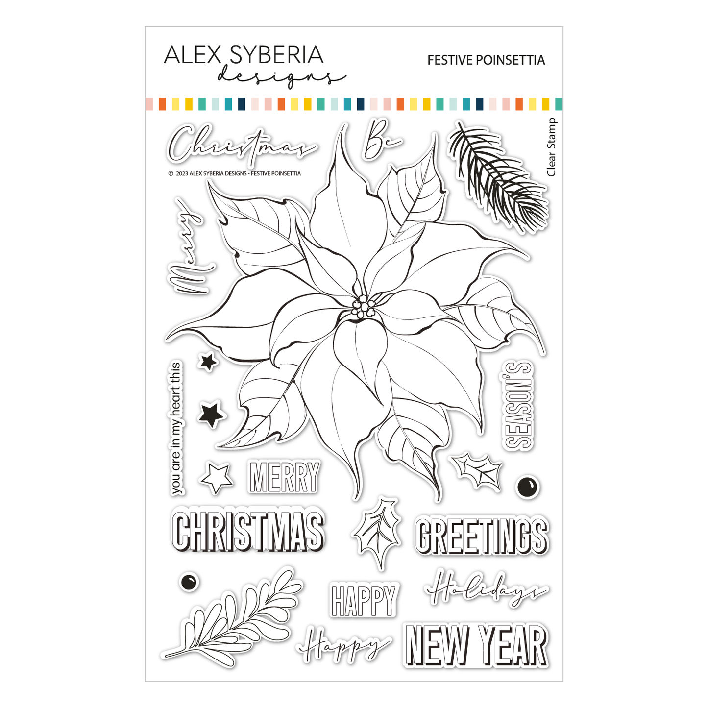 Clear stamp set with festive poinsettia design and Christmas text by Alex Syberia on a white background.