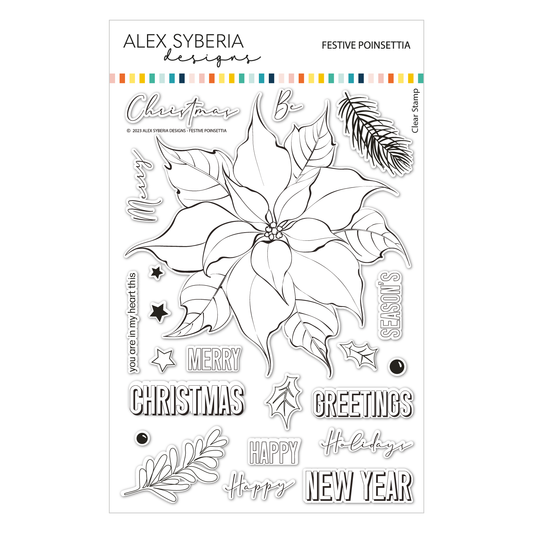 Clear stamp set with festive poinsettia design and Christmas text by Alex Syberia on a white background.