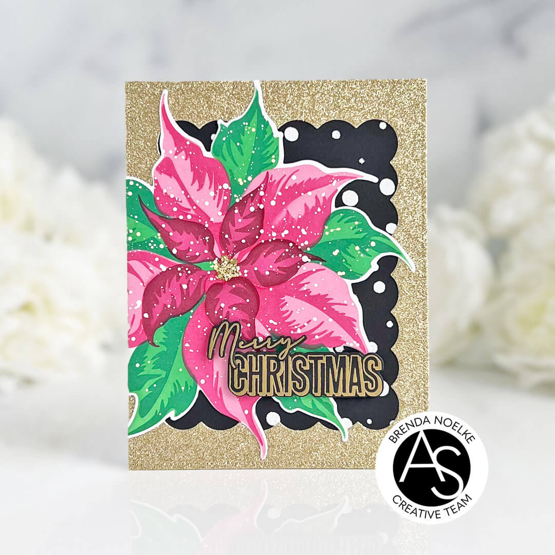 Greeting card with pink poinsettia and 'Merry Christmas' text on a gold glitter background.