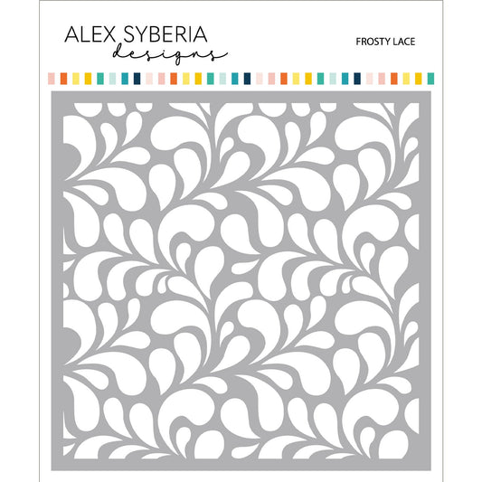 Patterned stencil with 'Alex Syberia Designs' branding on a white background