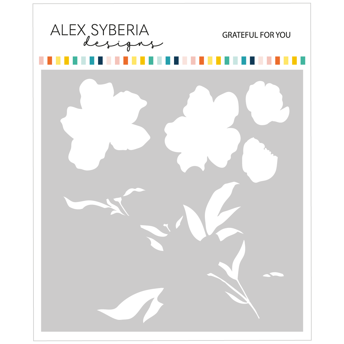 Floral design stencil with 'Alex Syberia Designs' branding on a gray background