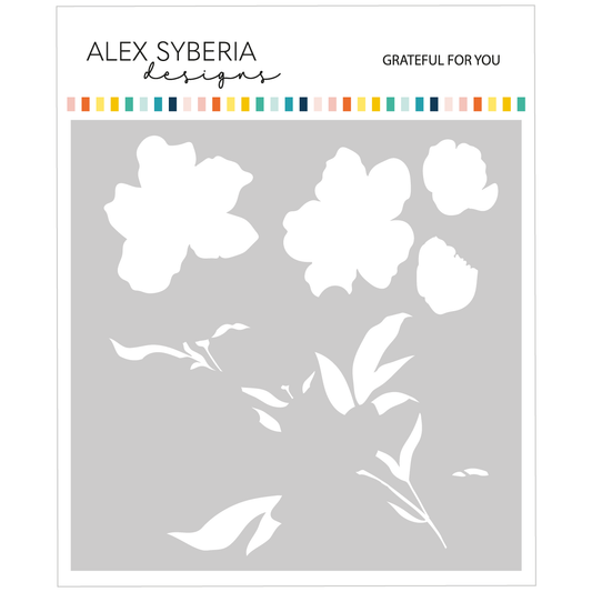 Floral design stencil with 'Alex Syberia Designs' branding on a gray background