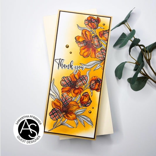 Greeting card with plaid flowers and 'Thank you' text on a white background, featuring Samantha Pfriemer's logo.