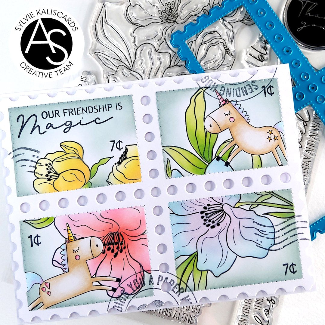 Colorful stamps with unicorn designs and text on a white background