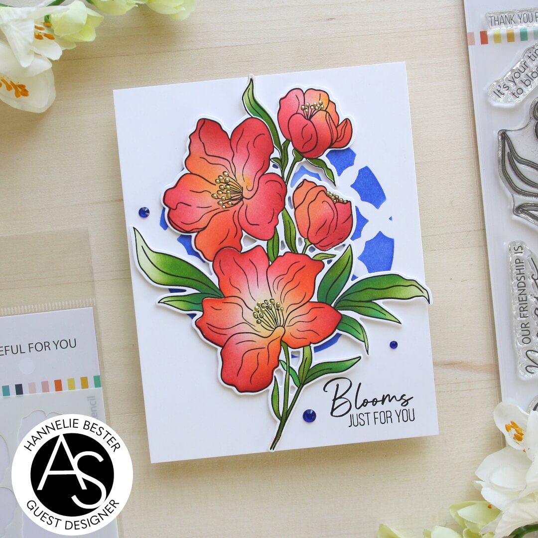 Floral card with red flowers on a white background, surrounded by floral elements and Hannelie Bester Studio branding.