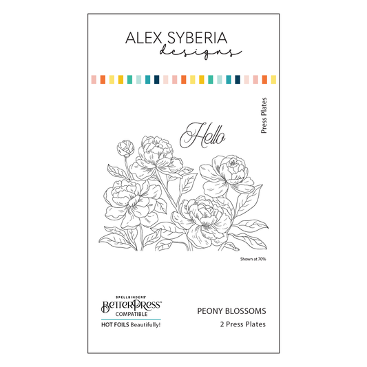 Product packaging for Alex Syberia Designs peony blossoms press plates with floral illustration and brand name.