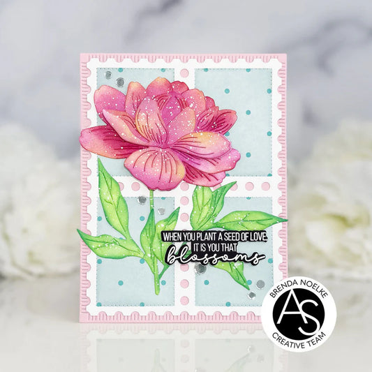 Card with pink flower illustration and text on a light blue background