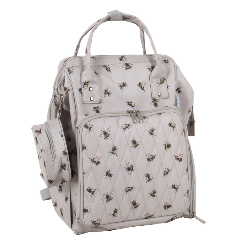 Bee Backpack Craft Storage, front view, showing bee design and main pockets
