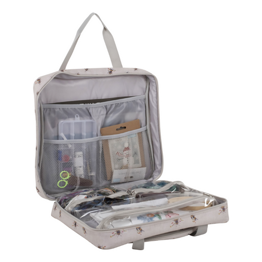 Bee Craft Bag, open, revealing multiple hoop storage slots and spacious interior with yarn