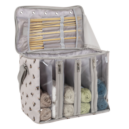 Bee Knitting Bag, open, revealing six compartments, yarn holes, and needle slots