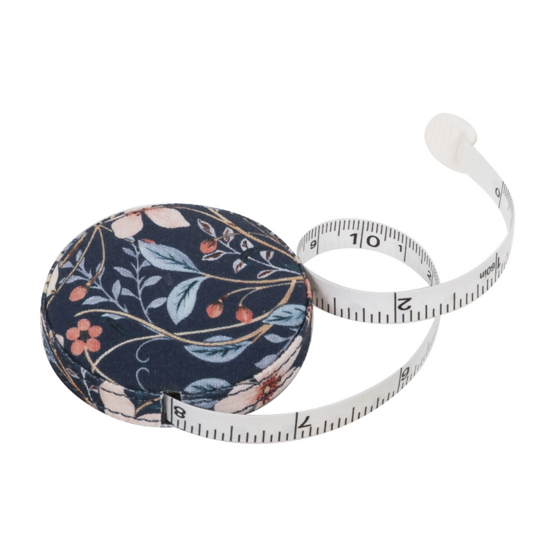 Blossom Birds Ret retractable Tape Measure with tape extended showing metric and imperial markings