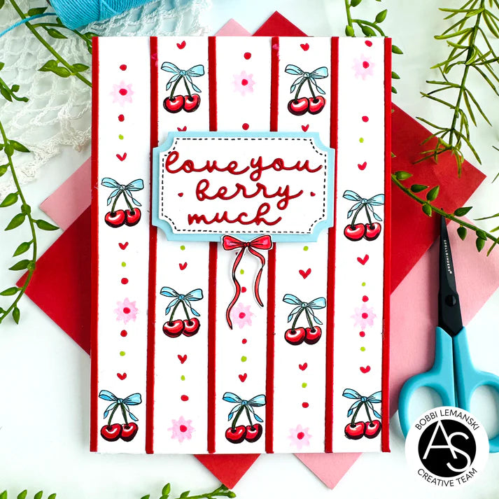 Card with cherry design and 'love you berry much' text on a white background