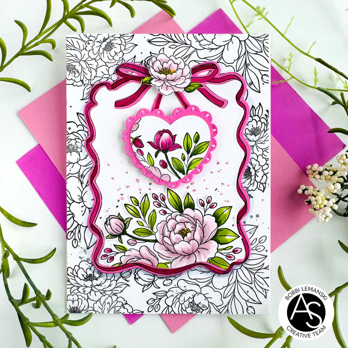 Floral card with pink heart and flowers on a white background