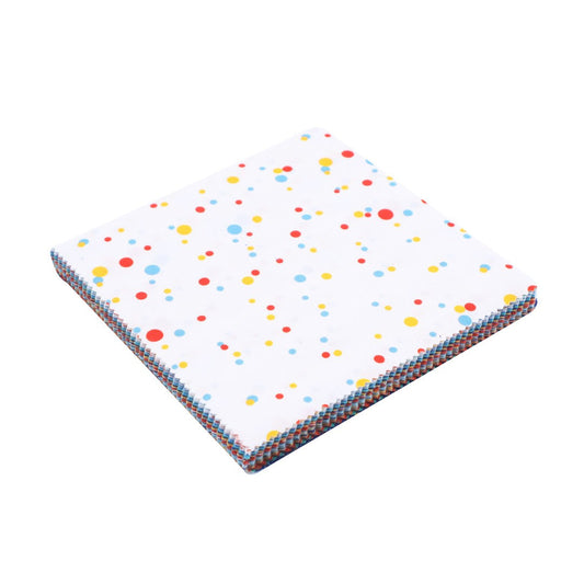 Colorful polka dot pattern on a white background