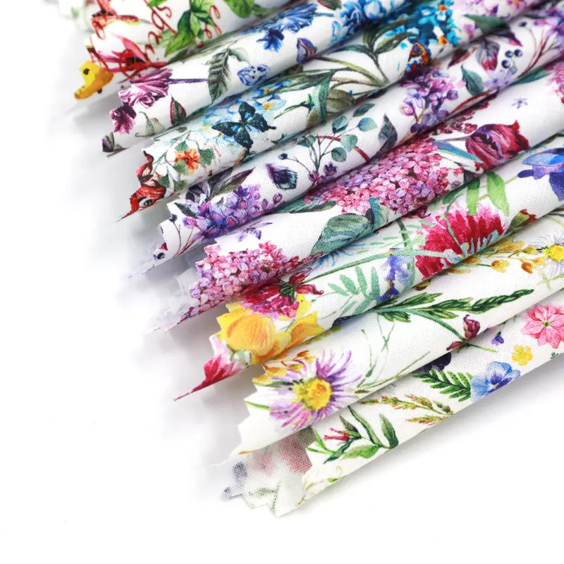 Set of floral fabric swatches in various colors on a white background