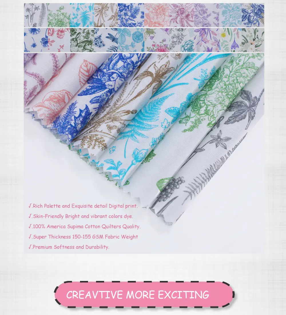 Collection of floral and nature-themed fabric swatches with text describing fabric properties.